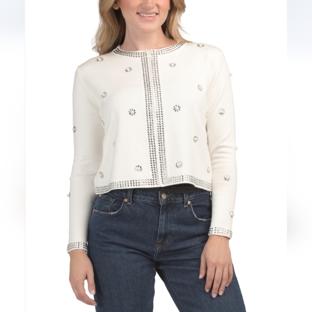 Sioni Women's Eggshell Long Sleeve Front Embellised Holiday Cardigan Sweater